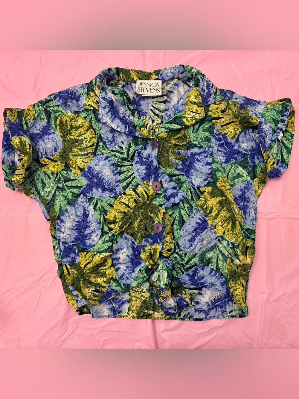 Jessica Stevens Women’s Blue Floral Cropped Collared Short Sleeve Button-Up Sz M